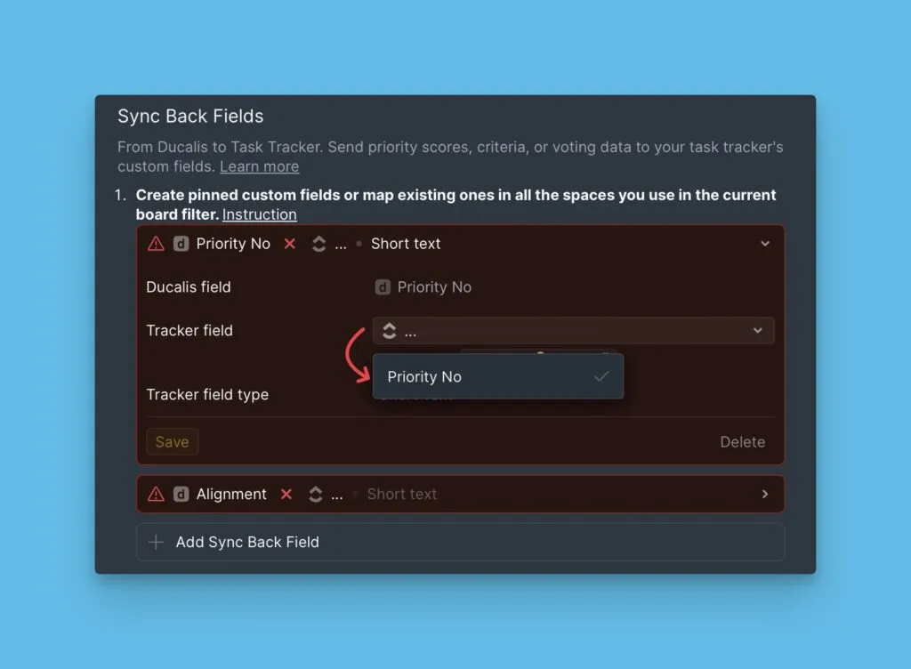 Выпадающий список сопоставления полей с доступными полями ClickUp