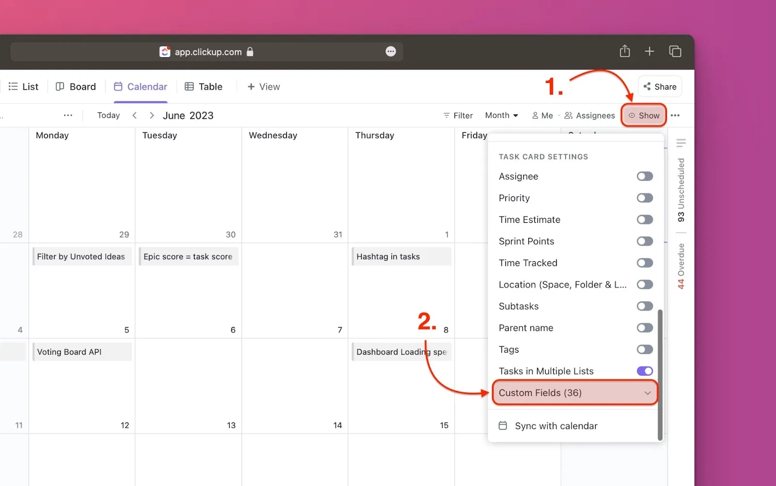 Опция кастомных полей в представлении календаря