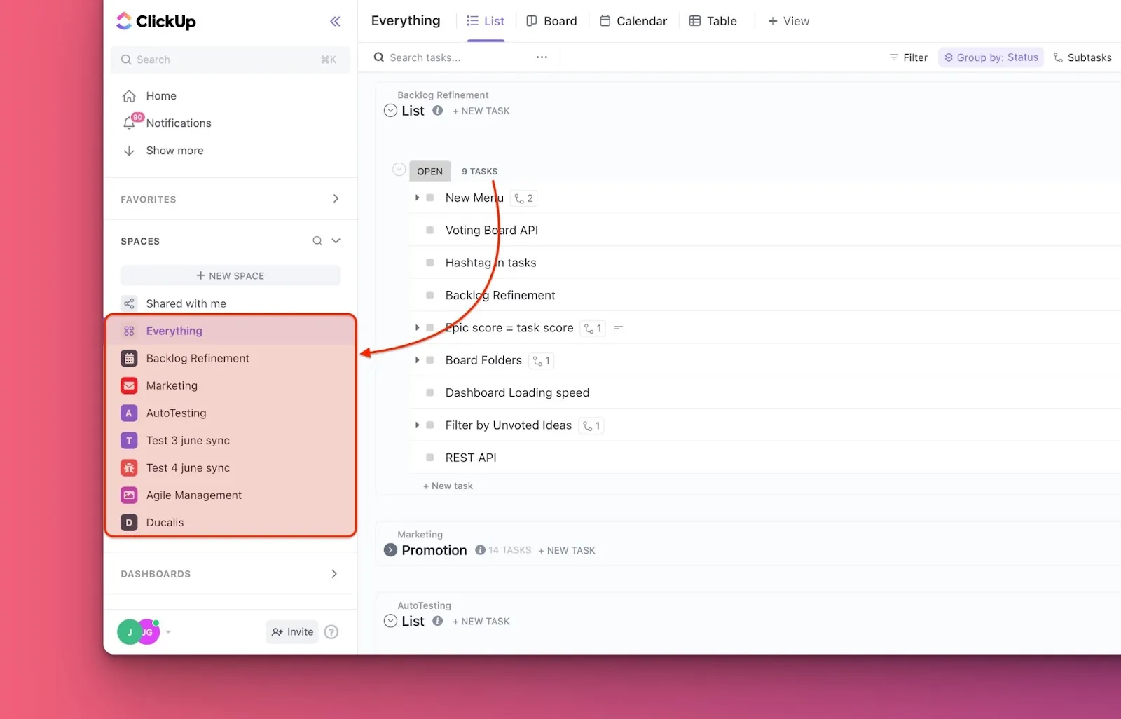 Выбор пространства или списка в ClickUp