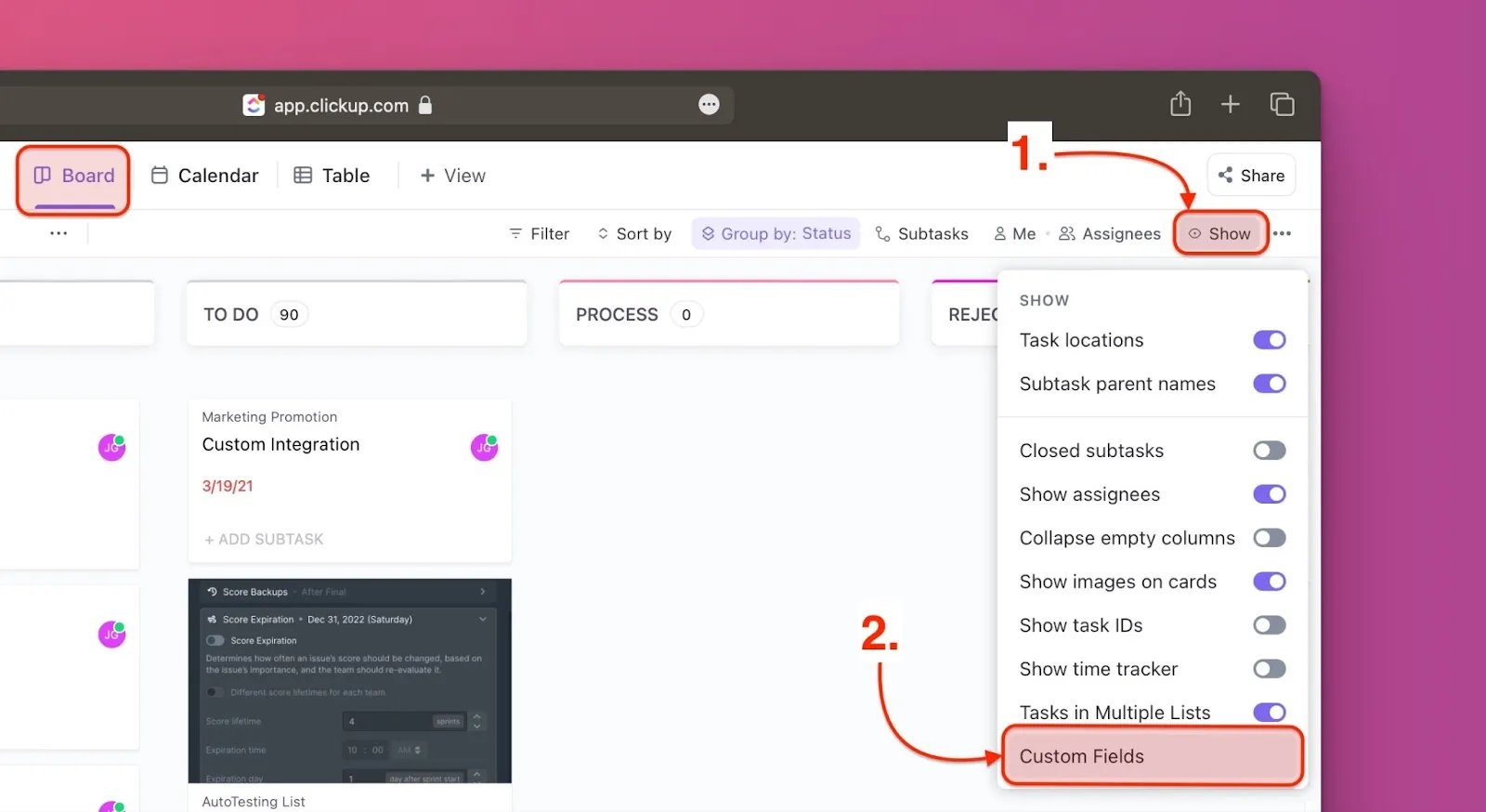 Меню кастомных полей в представлении доски