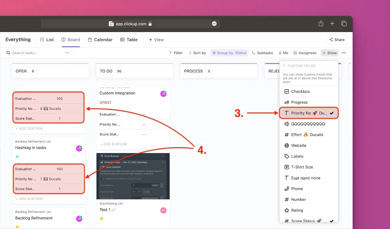 Приоритет отображается на карточках задач в представлении доски