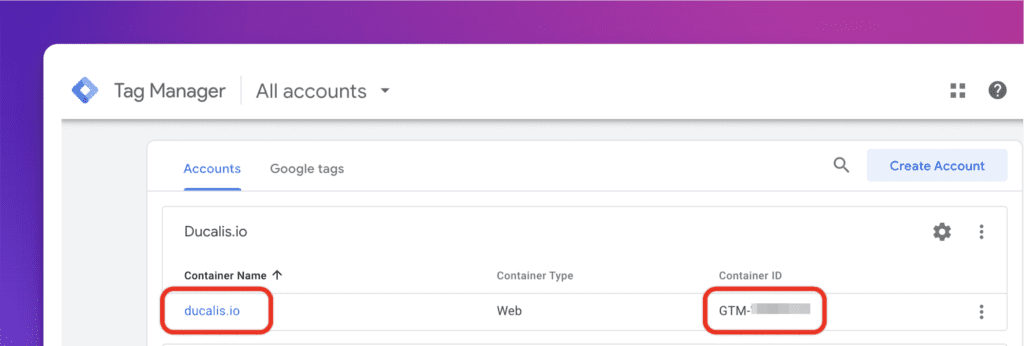 Расположение Container ID на главной странице Tag Manager