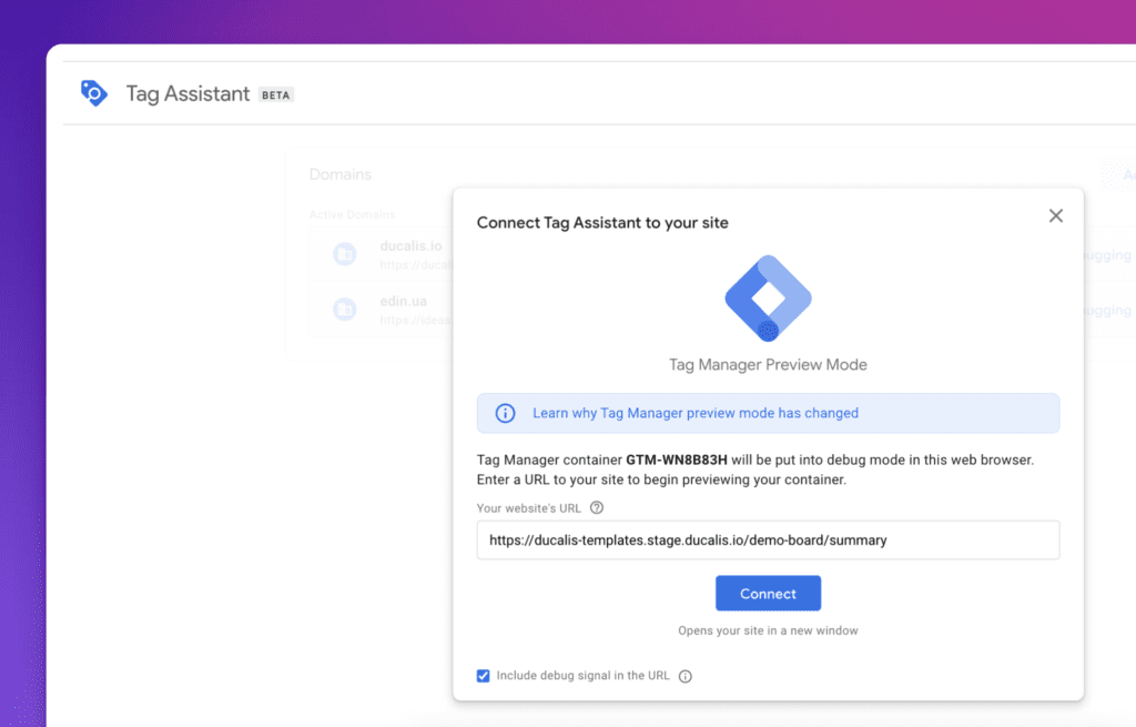 Поле ввода URL сайта в Tag Assistant