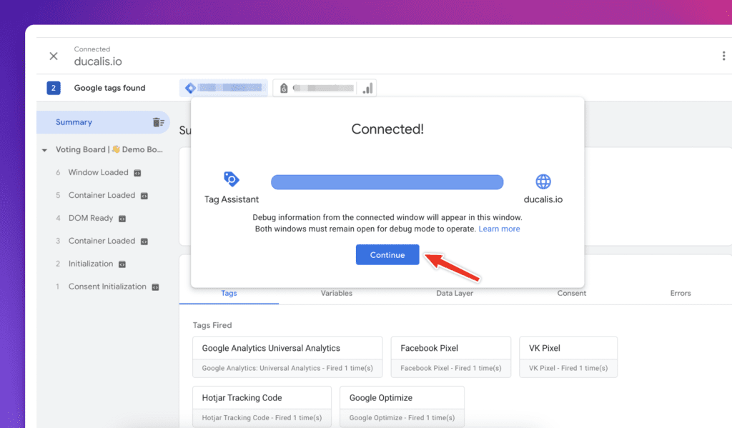 Интерфейс отладки Tag Assistant