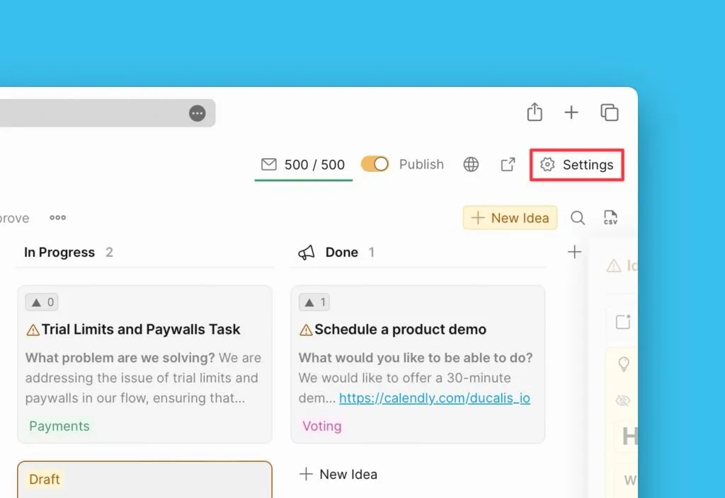 Кнопка «Настройки» в админском виде Доски идей