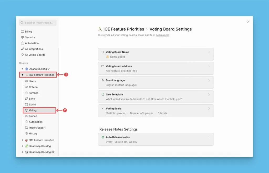Настройки Доски идей из приоритизационной Доски