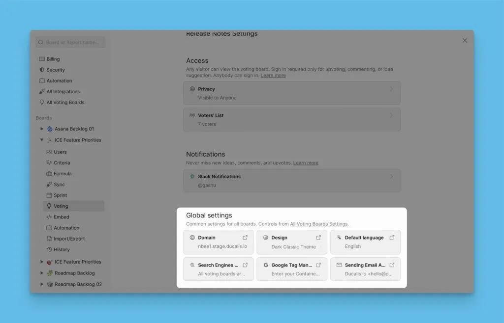 Страница глобальных настроек Досок идей