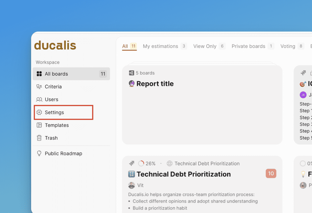 Меню настроек в Дашборде