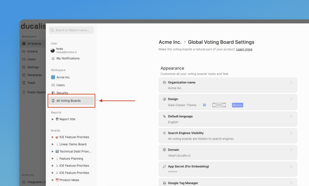 Раздел «Все Доски идей» в настройках