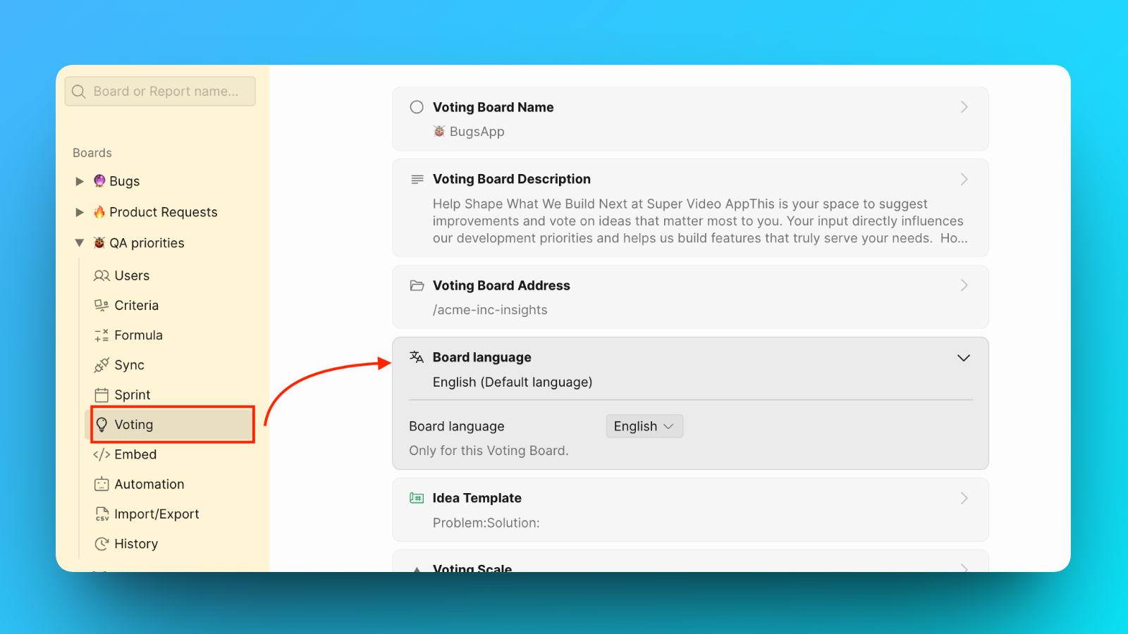 Настройки языка в разделе «Внешний вид»