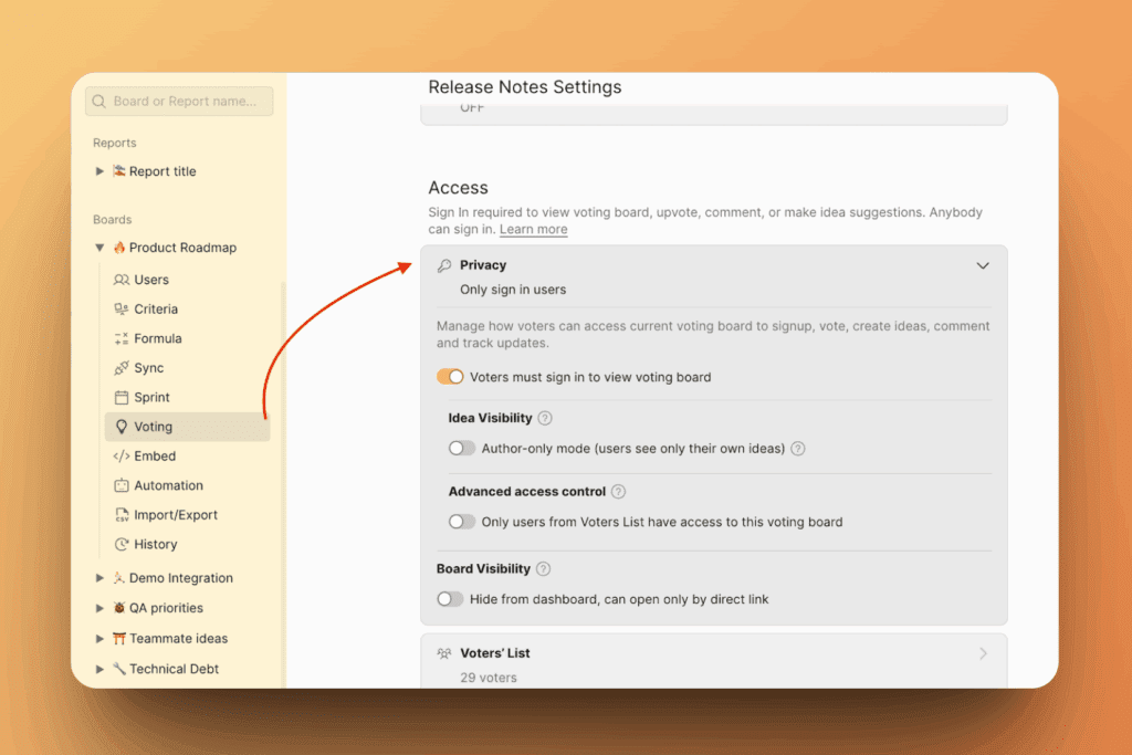 Настройки контроля доступа для Публичного роадмапа