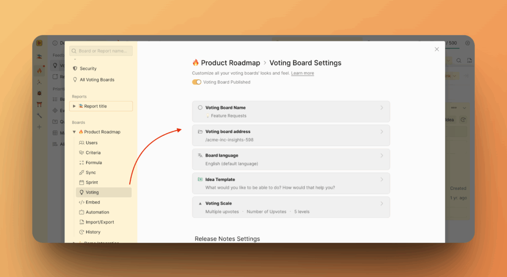 Меню настроек голосования для отдельной доски