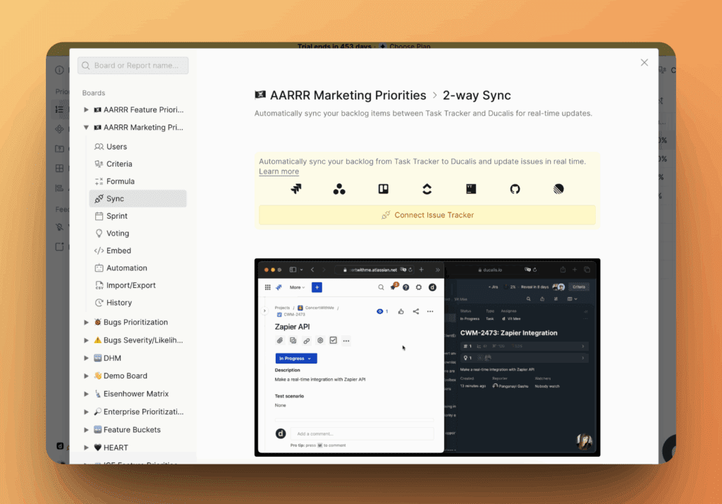 Экран выбора интеграции для подключения таск трекеров