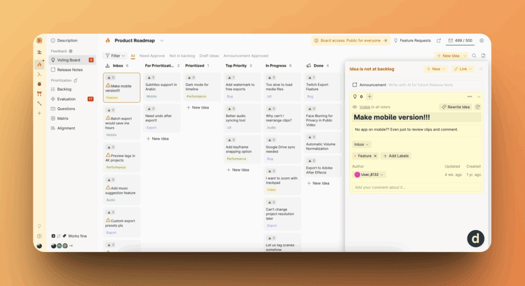 Внутреннее представление Доски идей с элементами управления