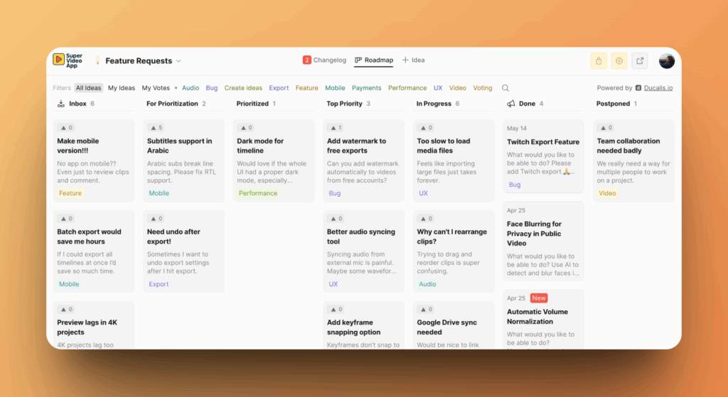 Публичный роадмап с Идеями, организованными по столбцам статусов