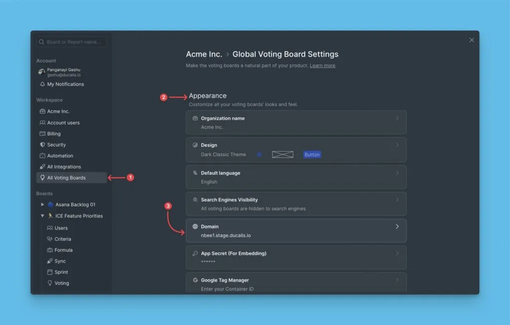 Страница настроек всех Досок идей