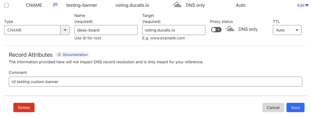Пример настройки CNAME в Cloudflare