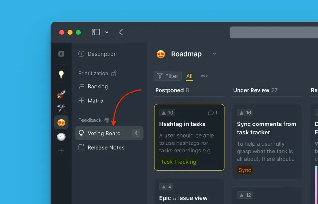 Меню Доски идей в Доске приоритизации