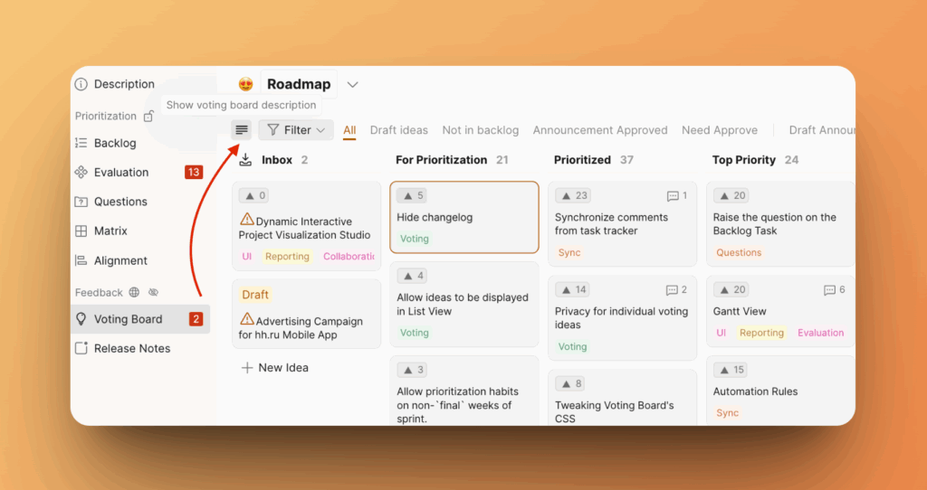 Расположение иконки описания