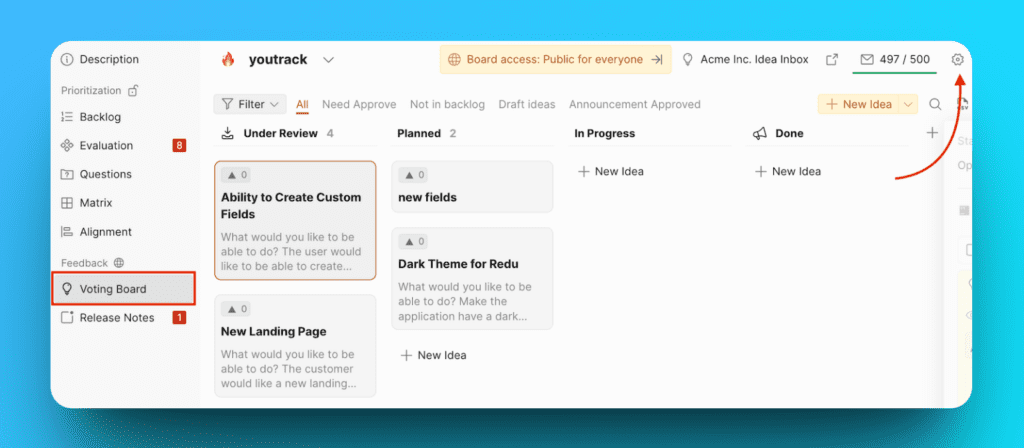 Расположение настроек Доски идей