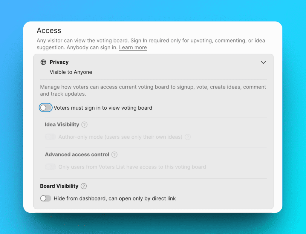Настройки публичного доступа со всеми отключёнными переключателями