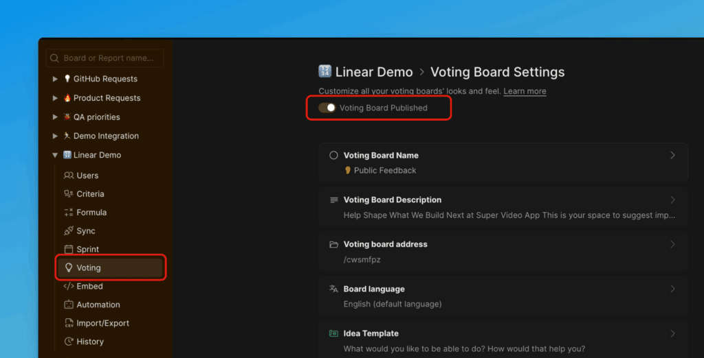 Переключатель отключения Доски идей