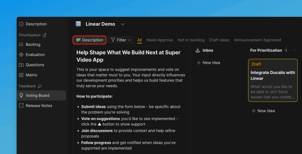 Поле описания доски