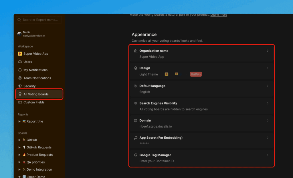 Настройки внешнего вида доски