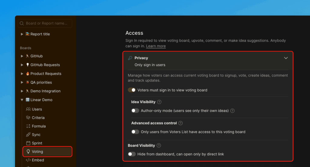 Настройки приватности доски