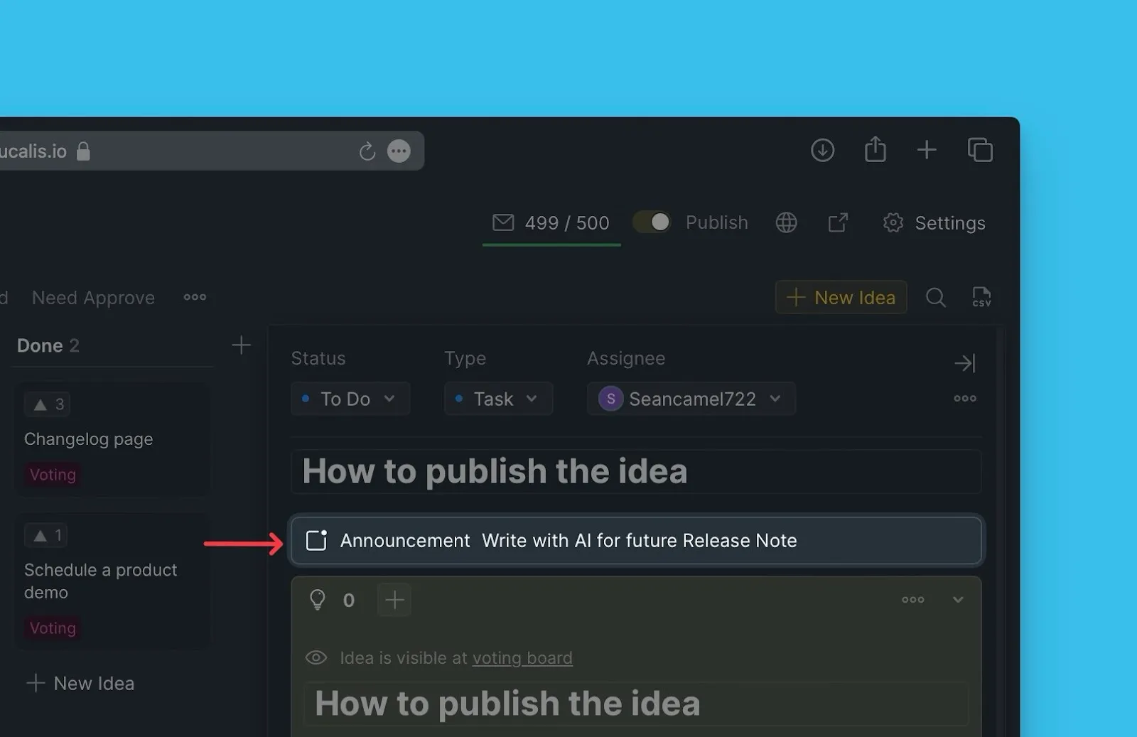 Кнопка «Анонс» в карточке Идеи