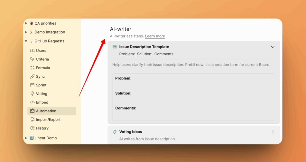 Настройки шаблона описания задачи