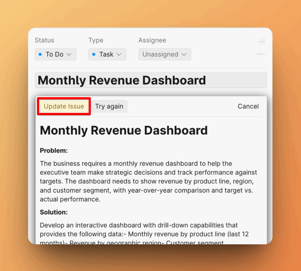 Кнопка Update Issue