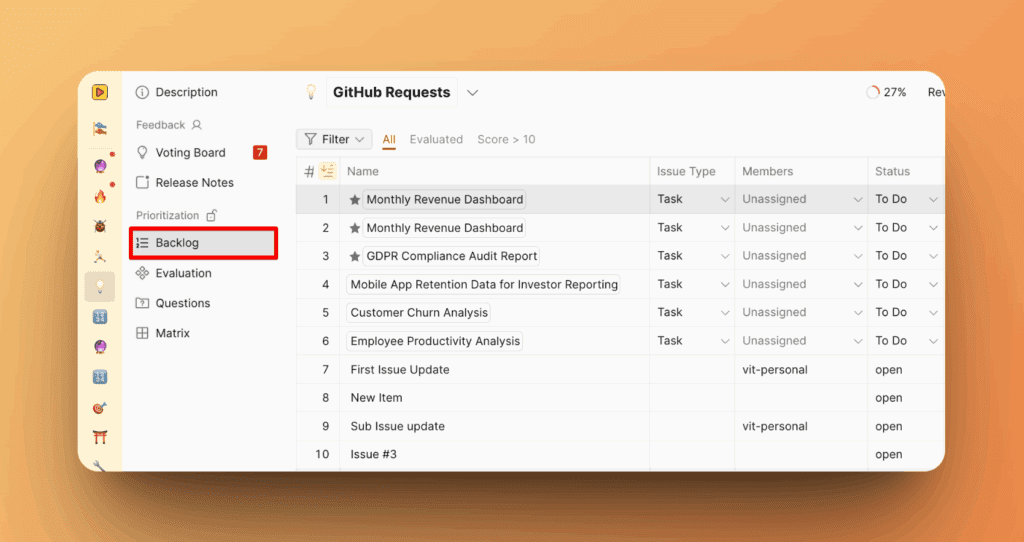 Навигация в раздел Бэклог