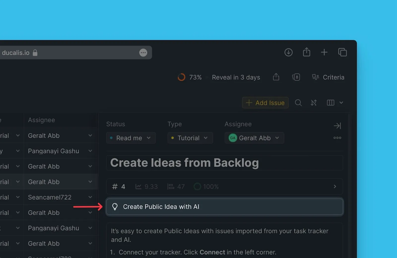 Кнопка создания Публичной идеи с помощью AI в карточке Задачи