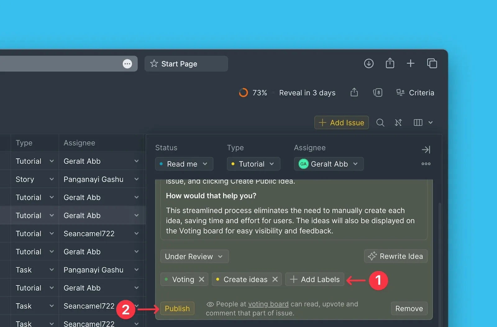 Добавление меток и публикация Идеи