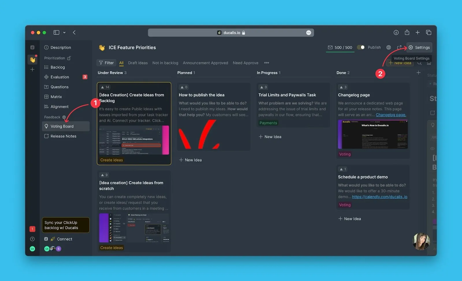 Страница администрирования Доски идей