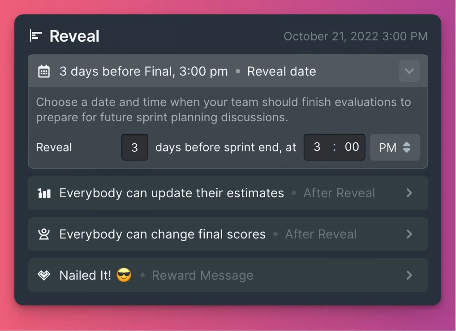 Настройки этапа Reveal
