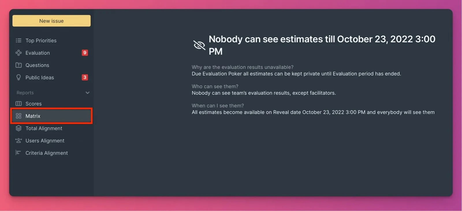 Страница Matrix со скрытыми оценками