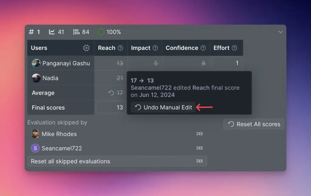 Кнопка Undo для восстановления предыдущей оценки