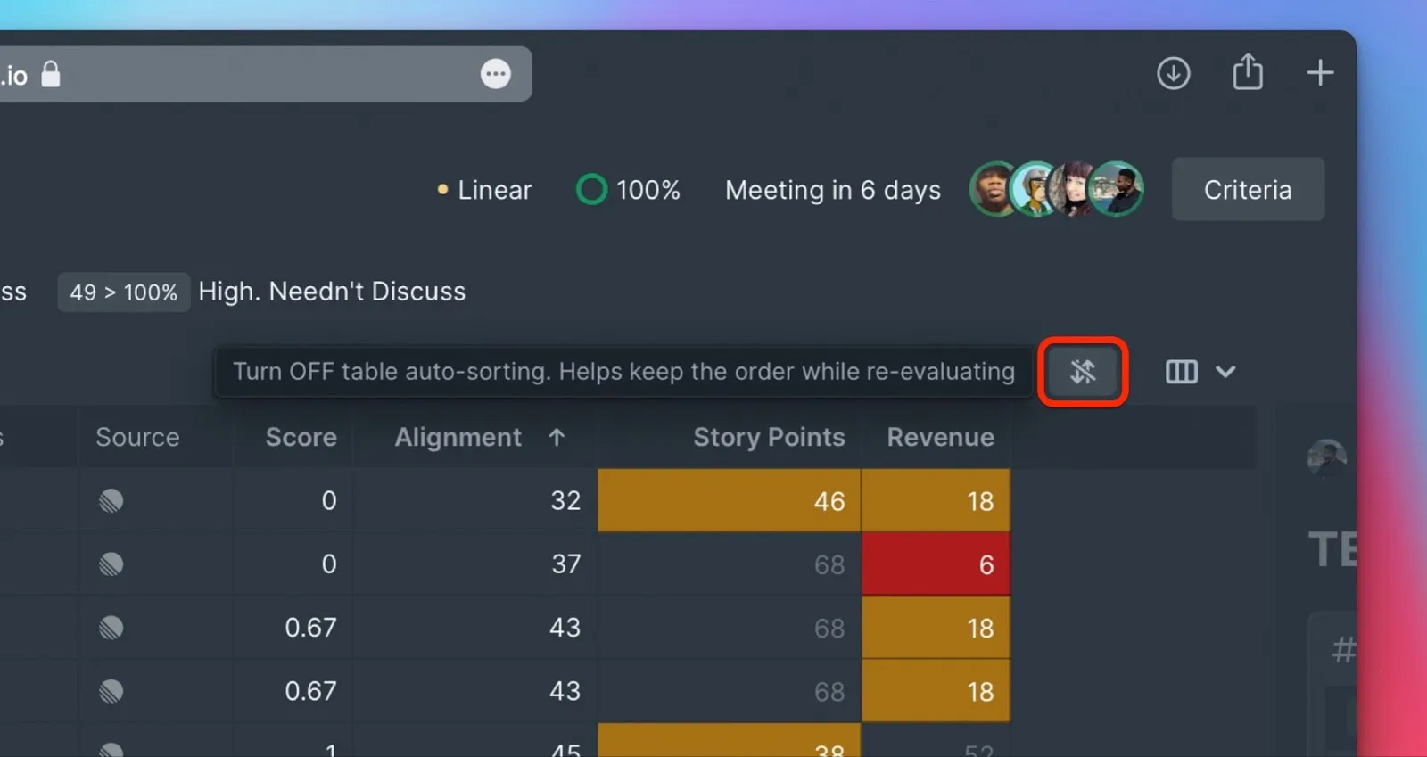 Переключатель автосортировки в списке Задач