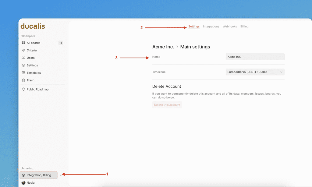 Расположение настроек организации