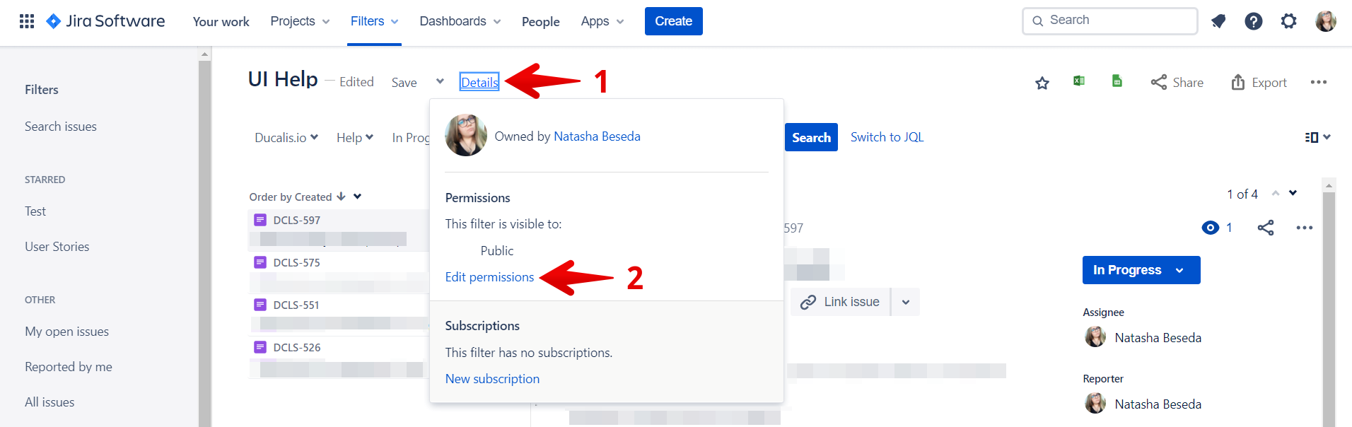 Кнопка подробностей фильтра Jira Cloud