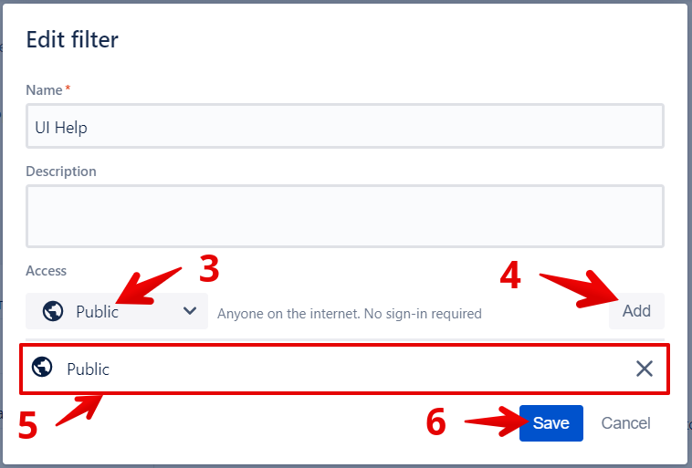 Настройки прав доступа к фильтру Jira Cloud с опцией публичного доступа