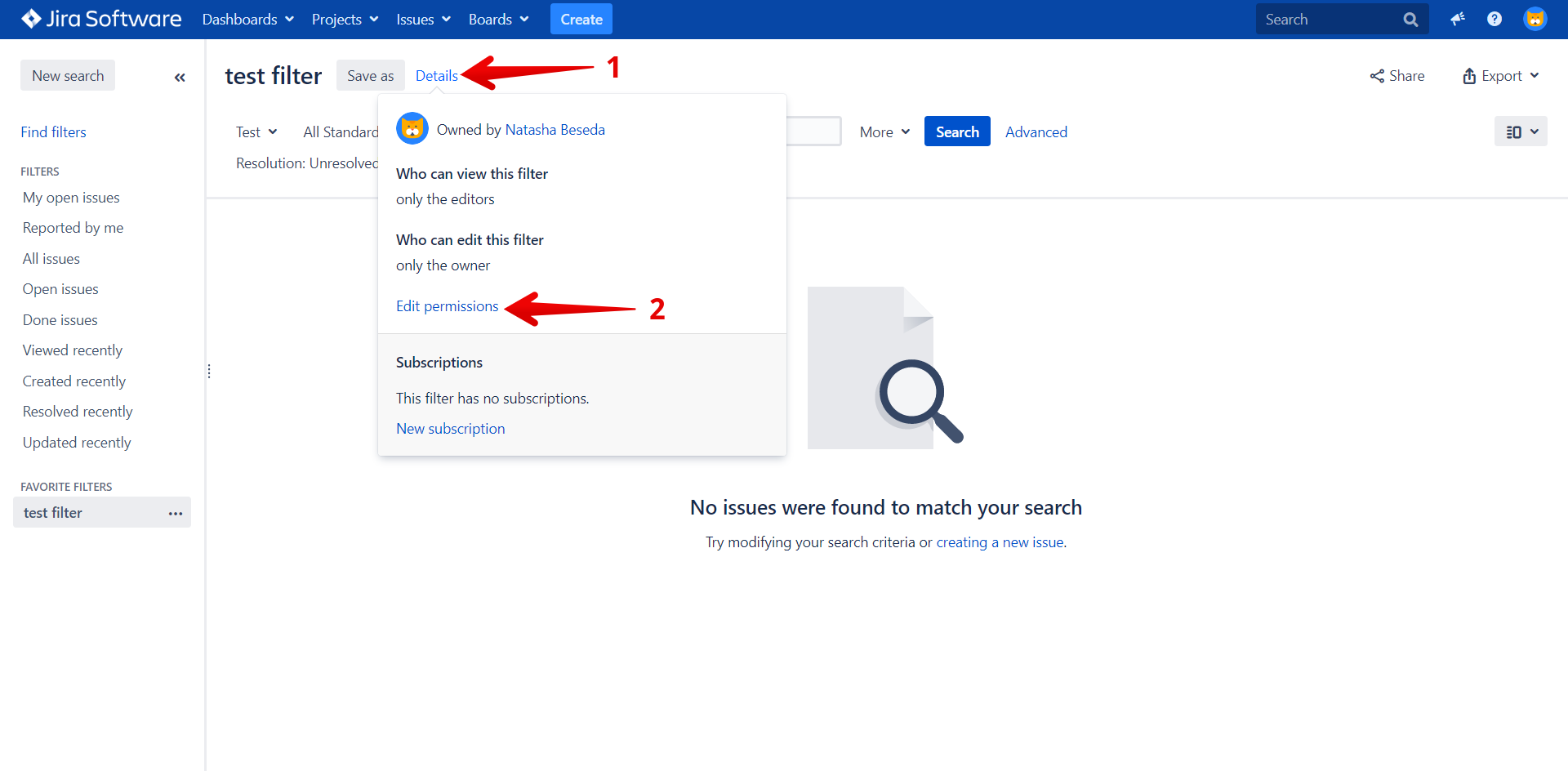 Кнопка подробностей фильтра Jira Server