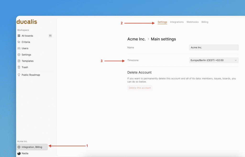 Меню настроек часового пояса организации