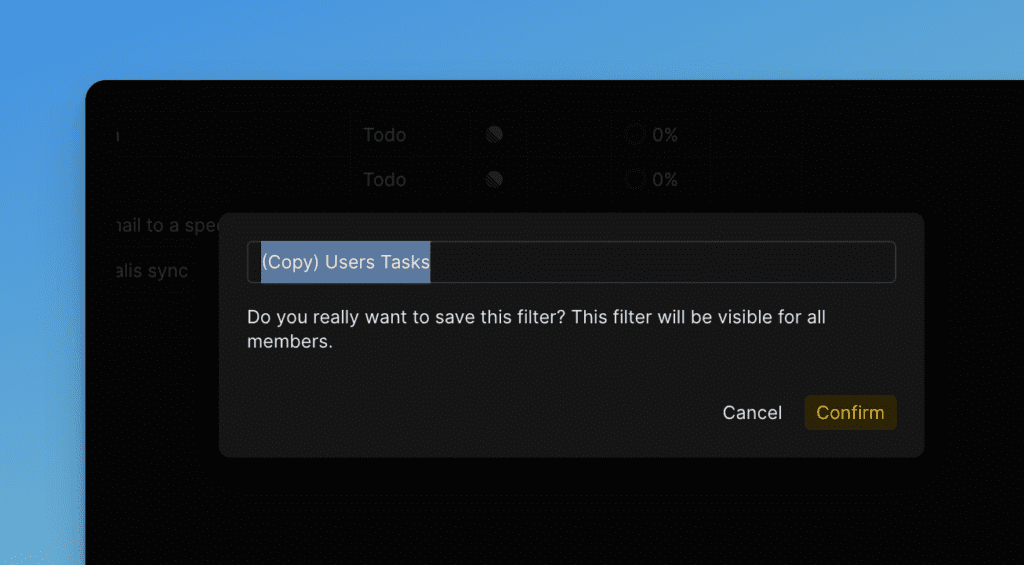 Диалог сохранения фильтра с полем для ввода названия