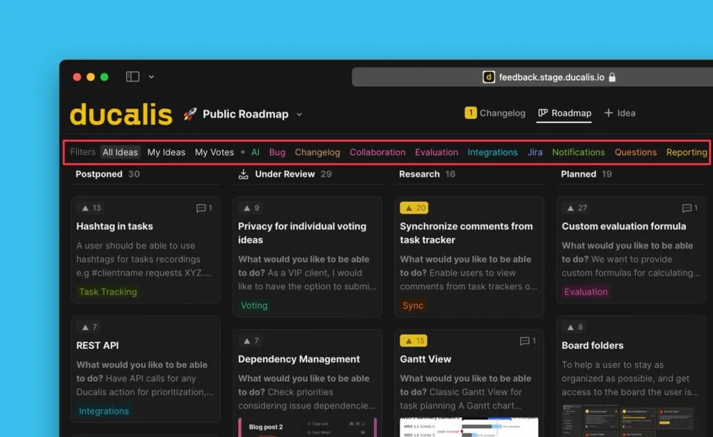 Опции фильтров в верхней части Доски идей