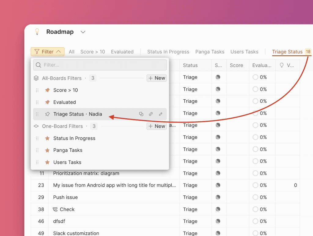 Выпадающее меню фильтров с фильтром всех досок