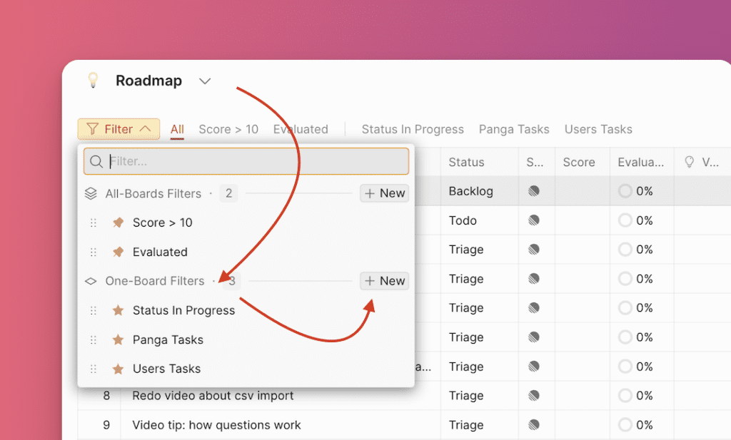 Опция фильтров одной доски с кнопкой создания