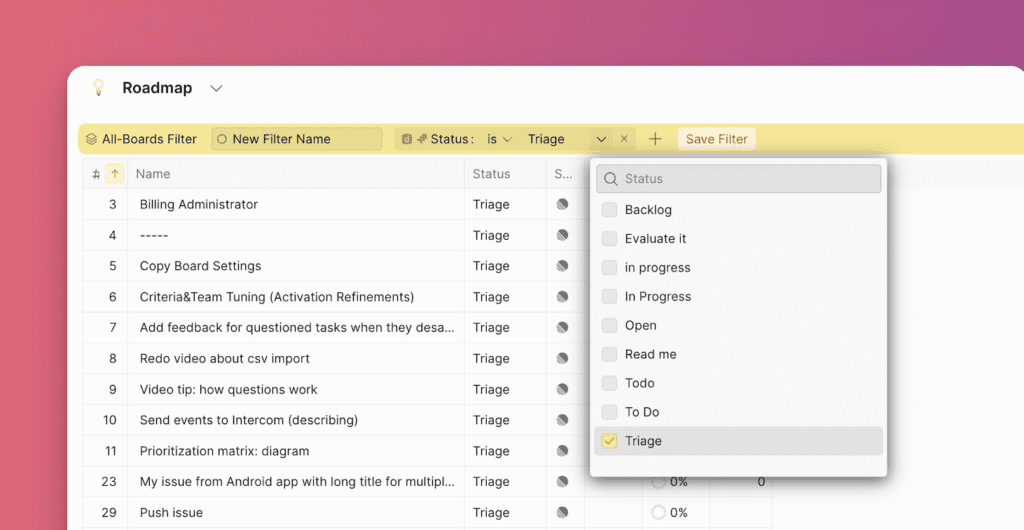 Выбор полей фильтра всех досок